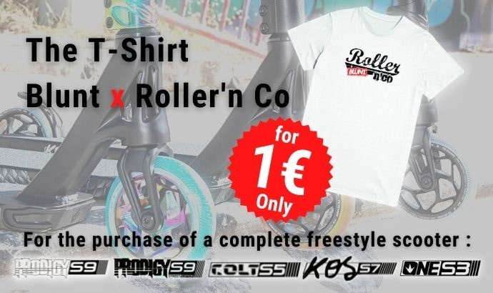 For the purchase of a complete freestyle scooter Blunt Scooter Edition 2021 : Prodigy S9, Prodigy S9 Street, KOS S7 and Colt S5 you get the Blunt x Roller' N Co t-shirt for only 1 euro